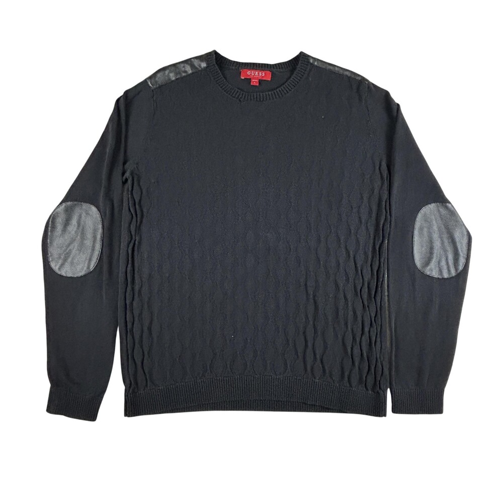 Guess Sweater Mens Large Black Argyle Crewneck Faux Leather Elbow Patch Pullover